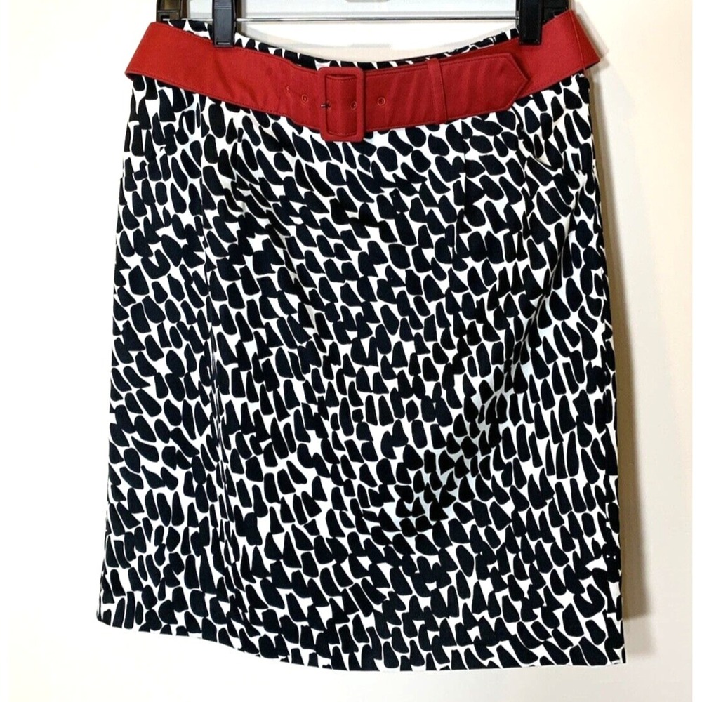 Ann Taylor Skirt Womens 6 Silk Black White Pencil Straight Geo Print w/Red Belt - Picture 1 of 10